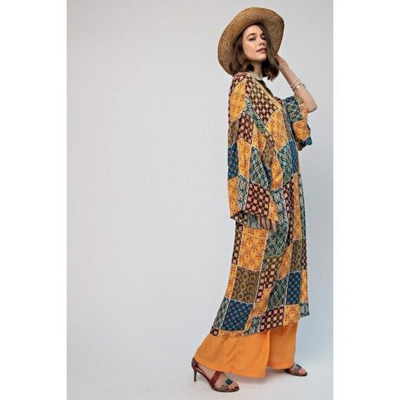 Artful Allure Patchwork Print Gauze Maxi Kimono - Picture 2 of 5